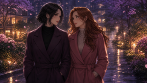 Two adult women walk together through a flowered city garden at twilight