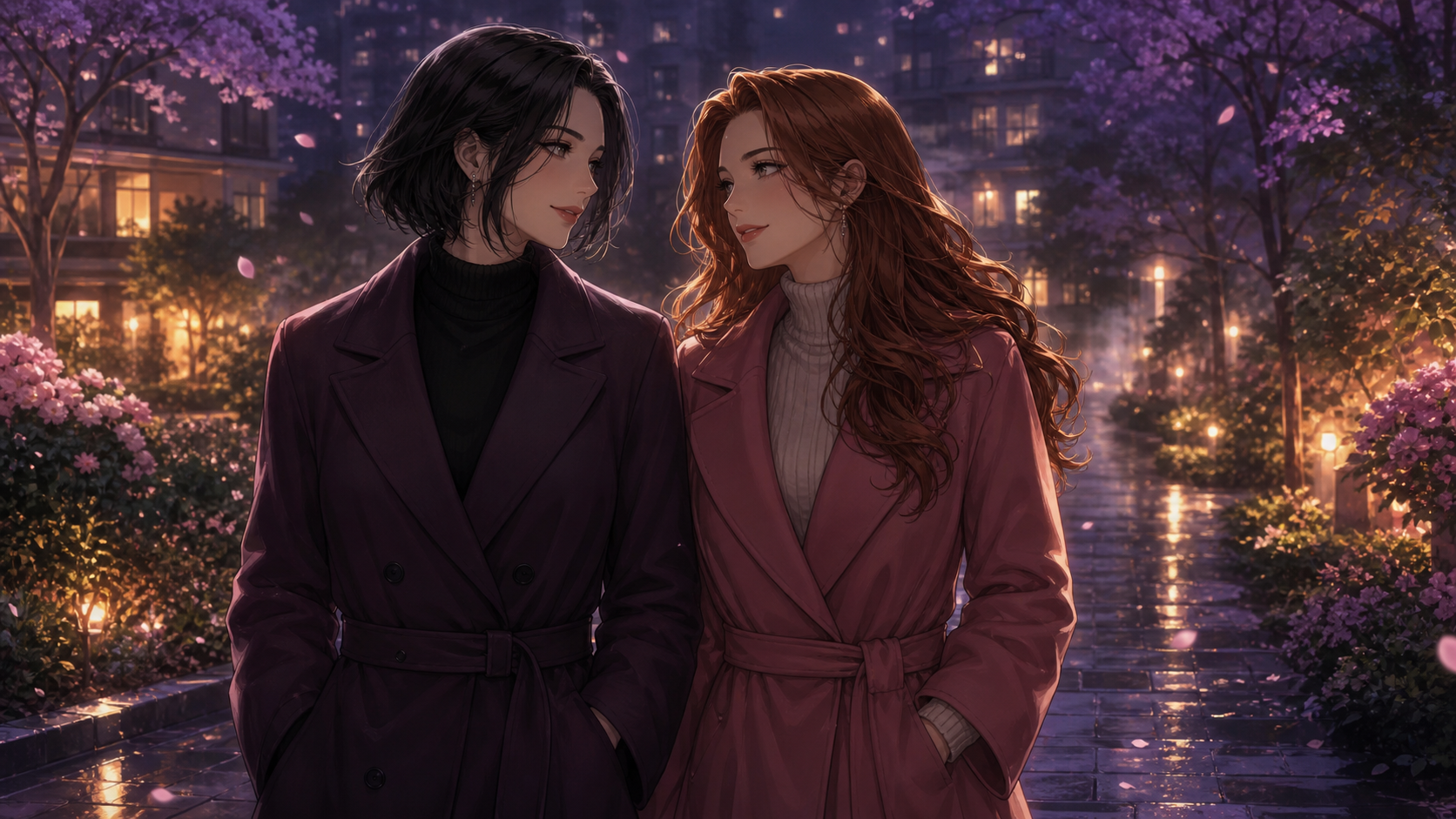 Two adult women walk together through a flowered city garden at twilight