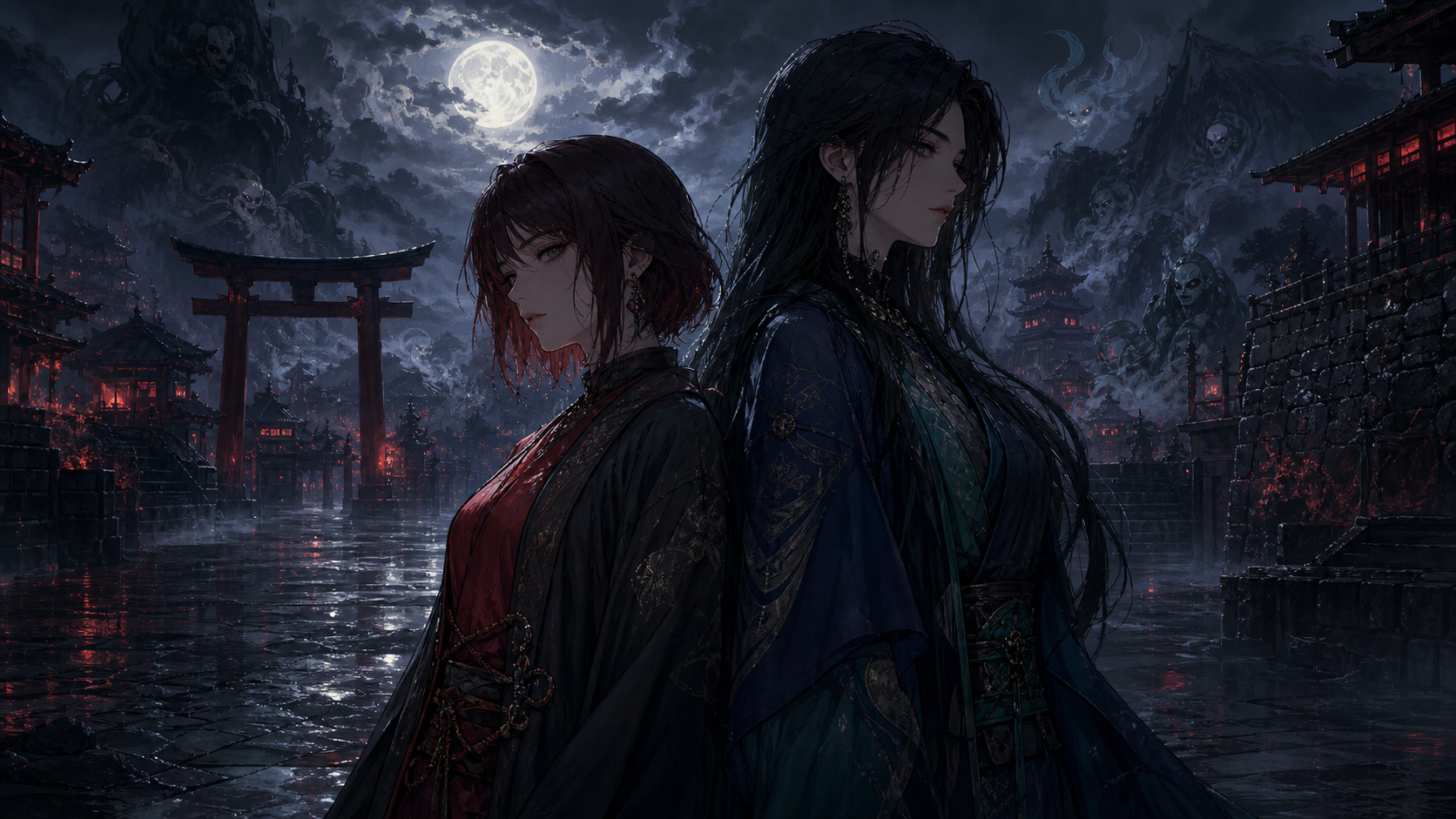 Two adult women stand back-to-back in a haunted old Japanese city under moonlight
