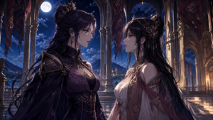 Two adult royal women face each other in a moonlit palace after a war