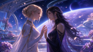 Two adult women meet in a luminous orbital garden above an alien planet