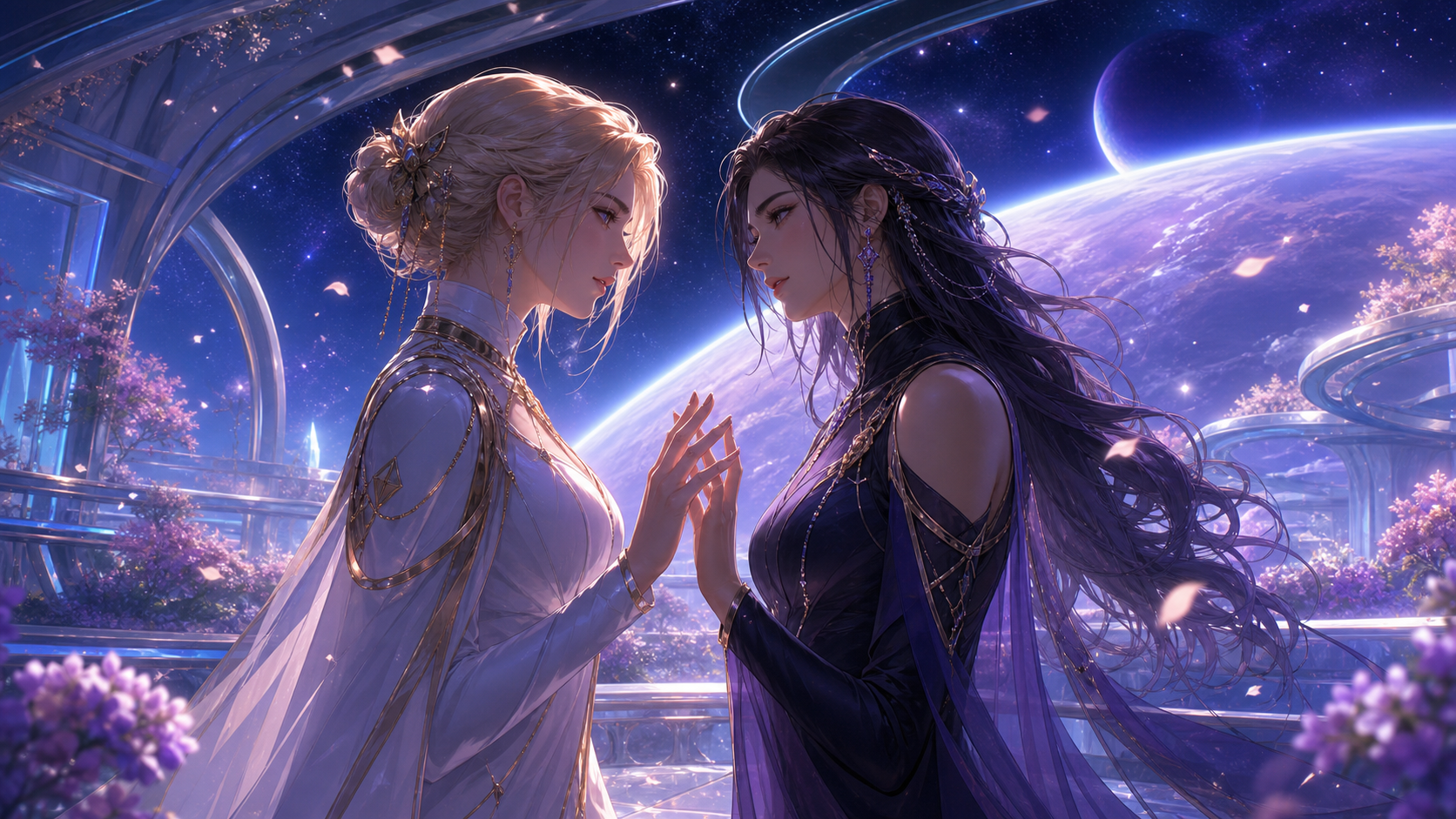 Two adult women meet in a luminous orbital garden above an alien planet