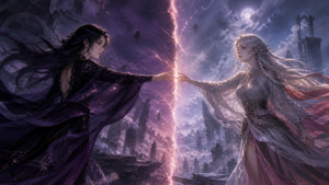 Two adult women reach for each other across a glowing divide under a stormy violet sky
