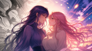 Two adult women face each other between a monochrome manga scene and a vivid anime sky