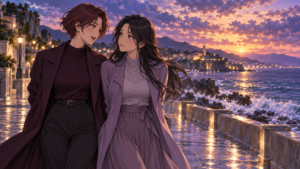 Two adult women in plum and lavender clothing talk beside the sea under a purple sunset