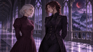 Two adult women in plum and violet clothes face each other in a Gothic gallery under purple moonlight
