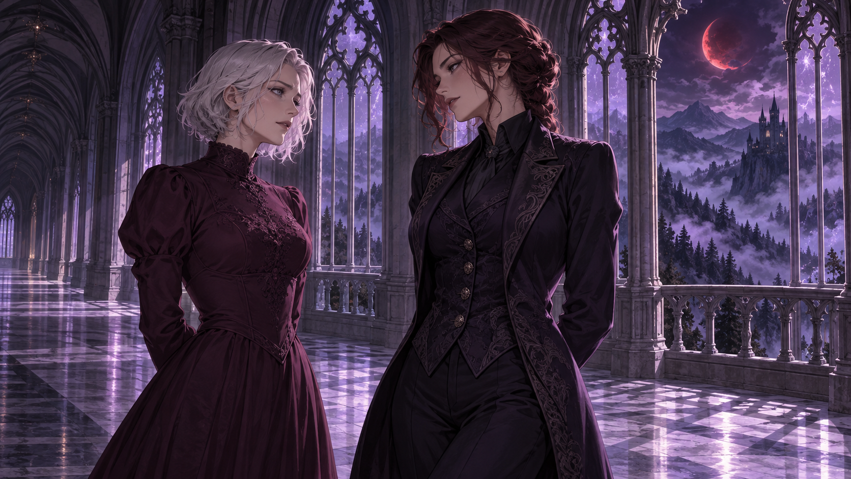 Two adult women in plum and violet clothes face each other in a Gothic gallery under purple moonlight