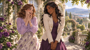 Two adult women smile together in a sunlit garden beside a conservatory covered in purple roses.