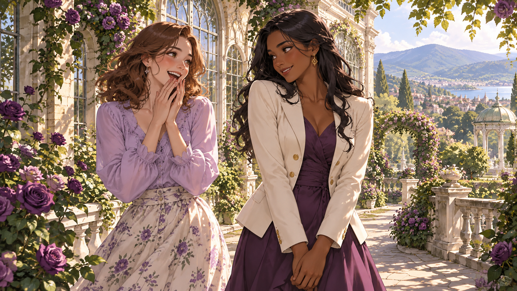 Two adult women smile together in a sunlit garden beside a conservatory covered in purple roses.