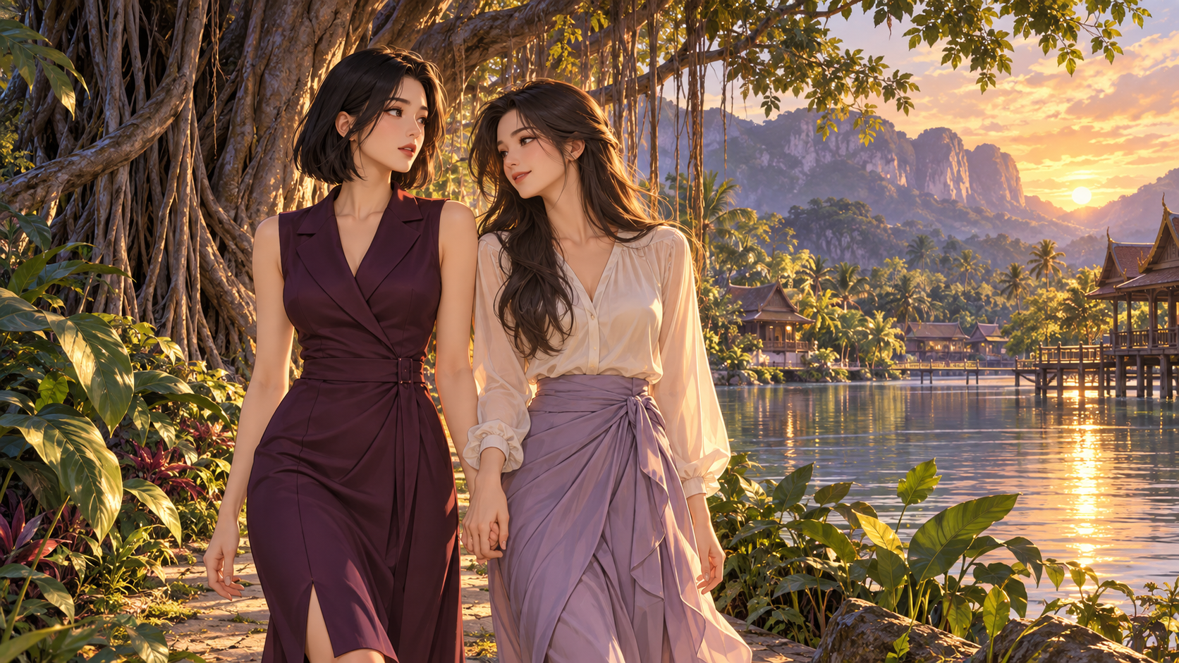 Two adult women hold hands beneath a banyan tree beside a tropical lagoon at sunset.