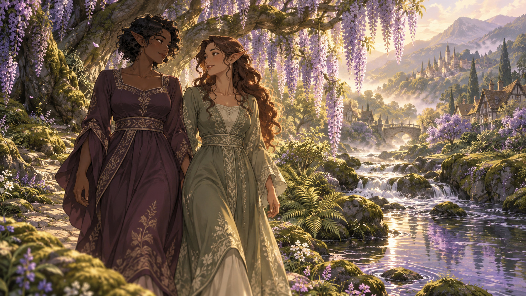 Two adult elf women in plum and sage dresses walk beside a stream under purple blossoms