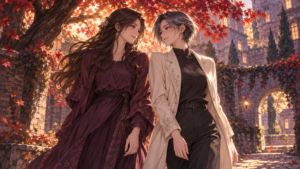 Two adult women in plum and ivory clothing meet beneath a red maple tree in a sunlit courtyard