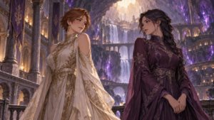 Two adult women in ivory and plum gowns face each other in a violet-lit cavern palace