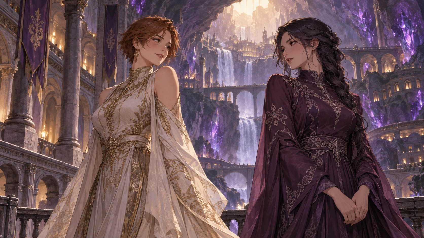 Two adult women in ivory and plum gowns face each other in a violet-lit cavern palace