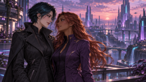 Two adult women share a quiet moment above a violet and cyan futuristic city at sunset.