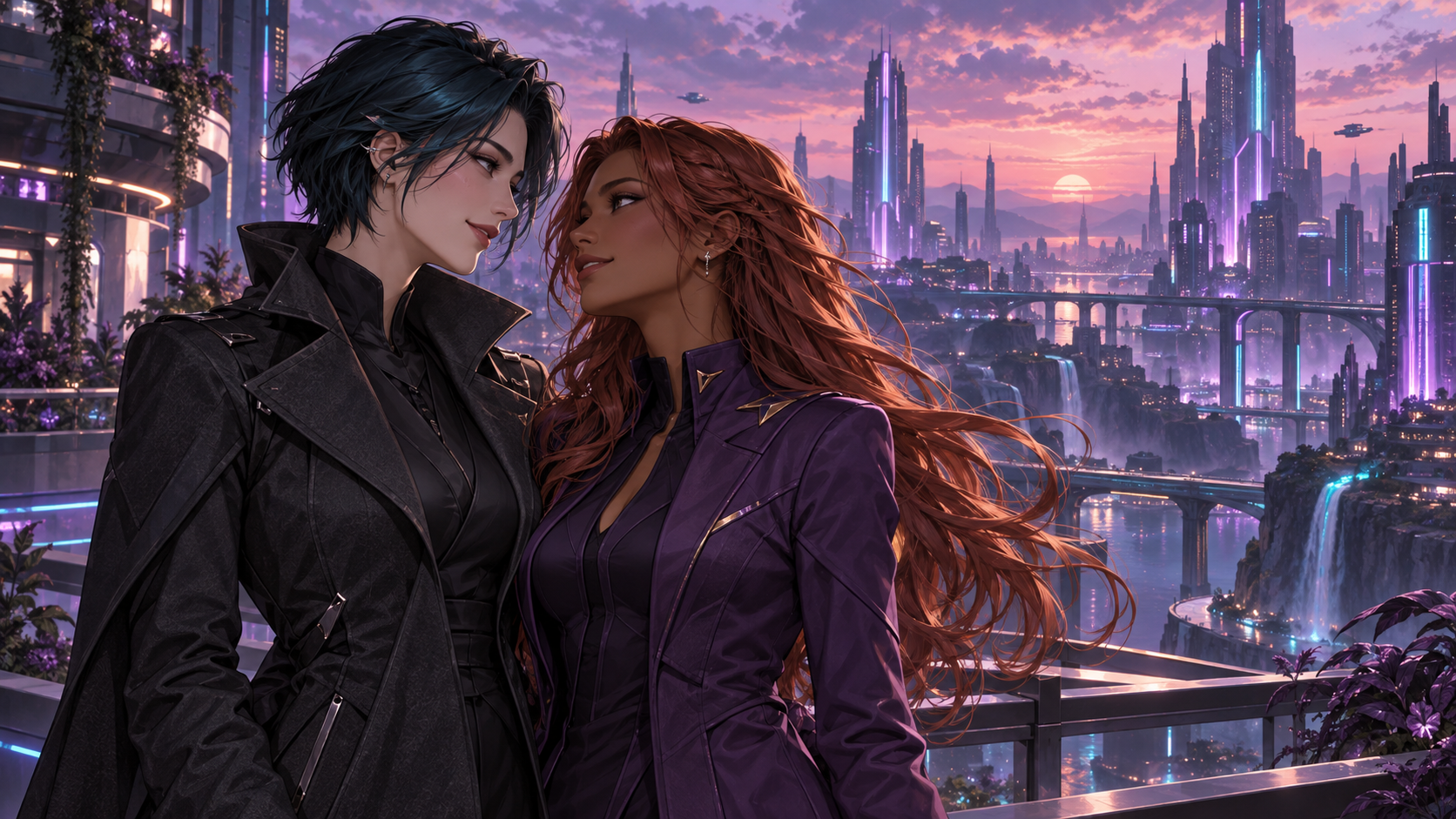 Two adult women share a quiet moment above a violet and cyan futuristic city at sunset.