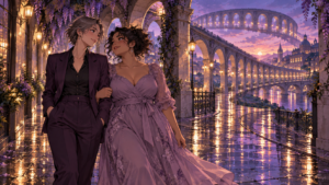 Two adult women in plum and lavender clothing stand beneath repeating city arches at purple twilight