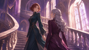 Two adult women exchange a smile on a sunlit staircase in a violet fantasy academy
