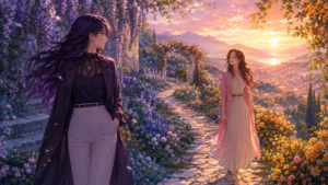 Two adult women face each other on a winding flower path at sunrise
