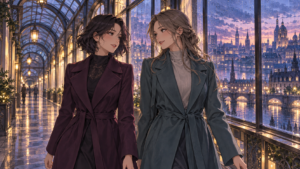 Two adult women in plum and teal coats talk in a glass passage above a violet city at dusk