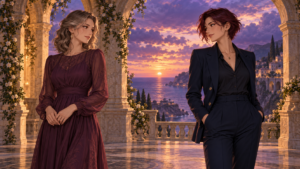 Two adult women exchange a gentle glance in a stone pavilion above a violet sea at dusk