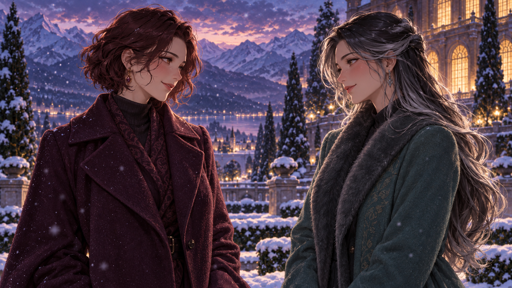 Two adult women in plum and teal coats exchange a quiet glance in a snowy alpine garden