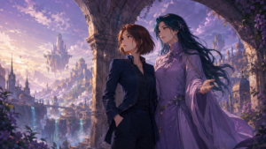 Two adult women stand beneath a stone arch overlooking a violet fantasy city and floating mountains