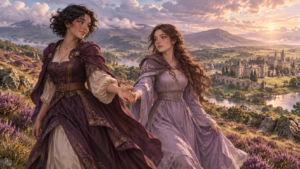Two adult women in plum and lavender fantasy dresses hold hands in a sunlit meadow above a country estate.