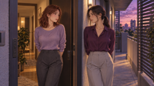 Two adult women in lavender and plum clothing exchange a thoughtful glance at an apartment doorway at dusk.