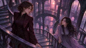 Two adult women in plum and lavender clothing look toward each other across a repeating spiral stairwell in violet and pink light.
