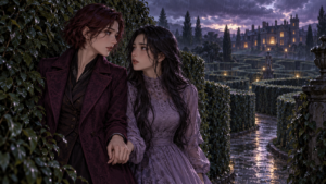 Two adult women hold hands in a rain-soaked hedge maze with a manor behind them under a violet storm sky.