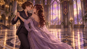Two adult women in a plum suit and lavender gown dance in a sunlit fantasy ballroom.