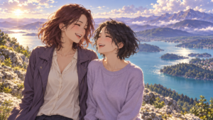 Two adult women in violet and lilac clothing laugh together above a sunlit lake and distant mountains.