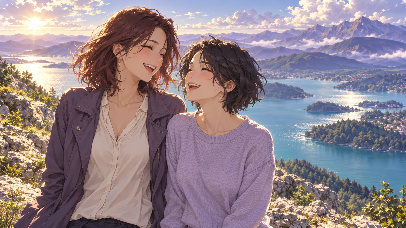 Two adult women in violet and lilac clothing laugh together above a sunlit lake and distant mountains.