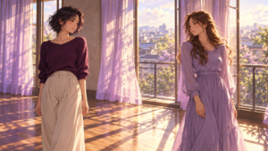 Two adult women in plum and lavender clothing exchange a quiet smile in a sunlit room with sheer curtains.