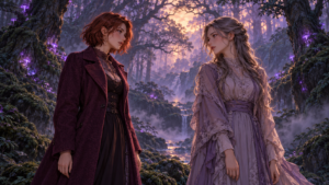 Two adult women in plum and lavender clothing face each other in a misty forest with glowing violet fungi and warm twilight.