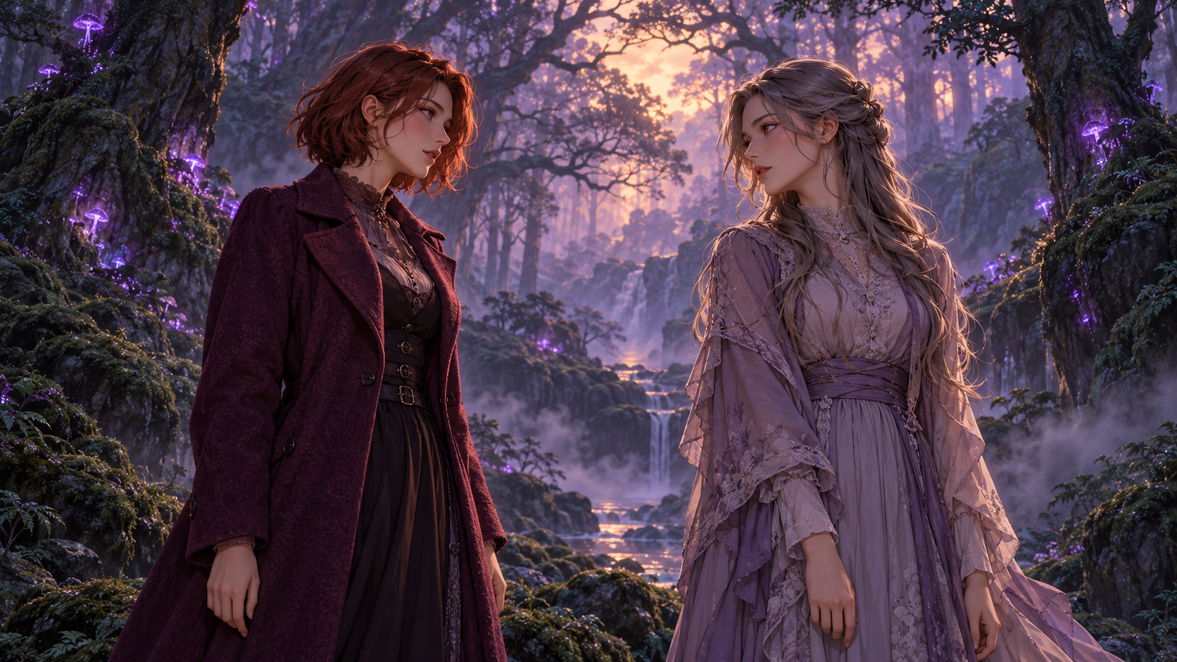 Two adult women in plum and lavender clothing face each other in a misty forest with glowing violet fungi and warm twilight.