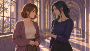 Two adult women in mauve and indigo clothing talk in a university corridor lit by warm sunlight.