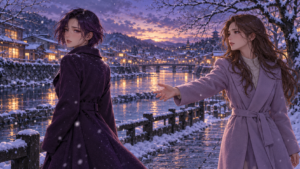 An adult woman reaches towards another woman on a snowy riverside path at dusk.