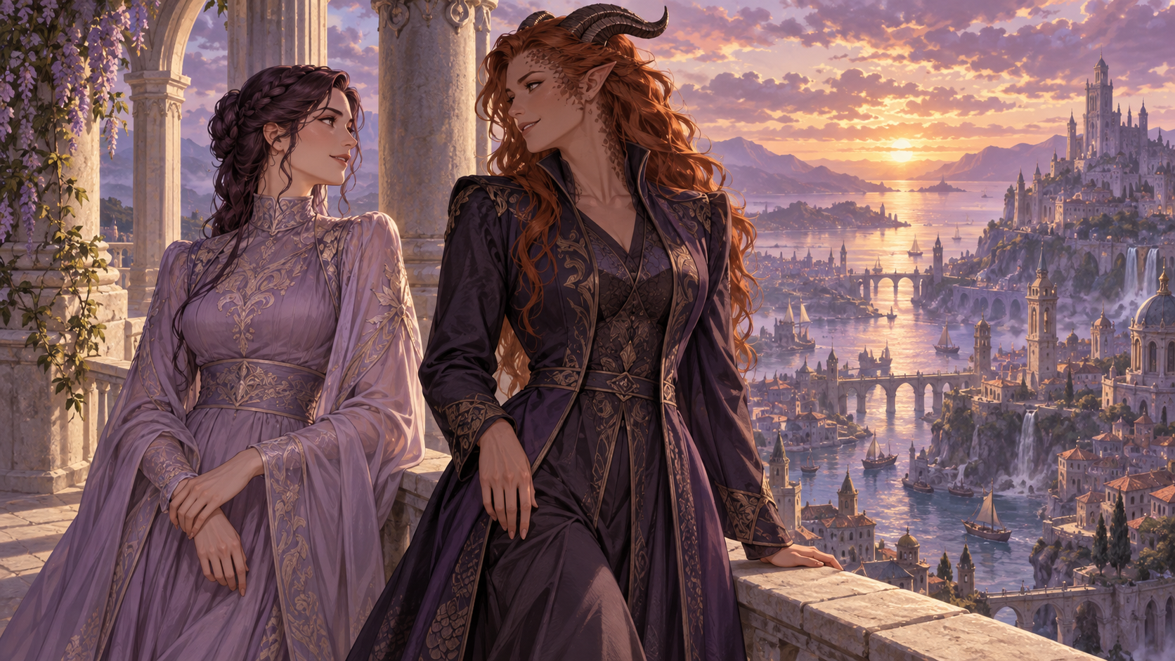 An adult human diplomat and an adult dragon woman talk on a stone terrace above a coastal city at sunset.