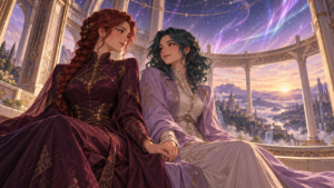 Two adult women in plum and lavender clothing hold hands beneath a palace observatory arch at dawn.