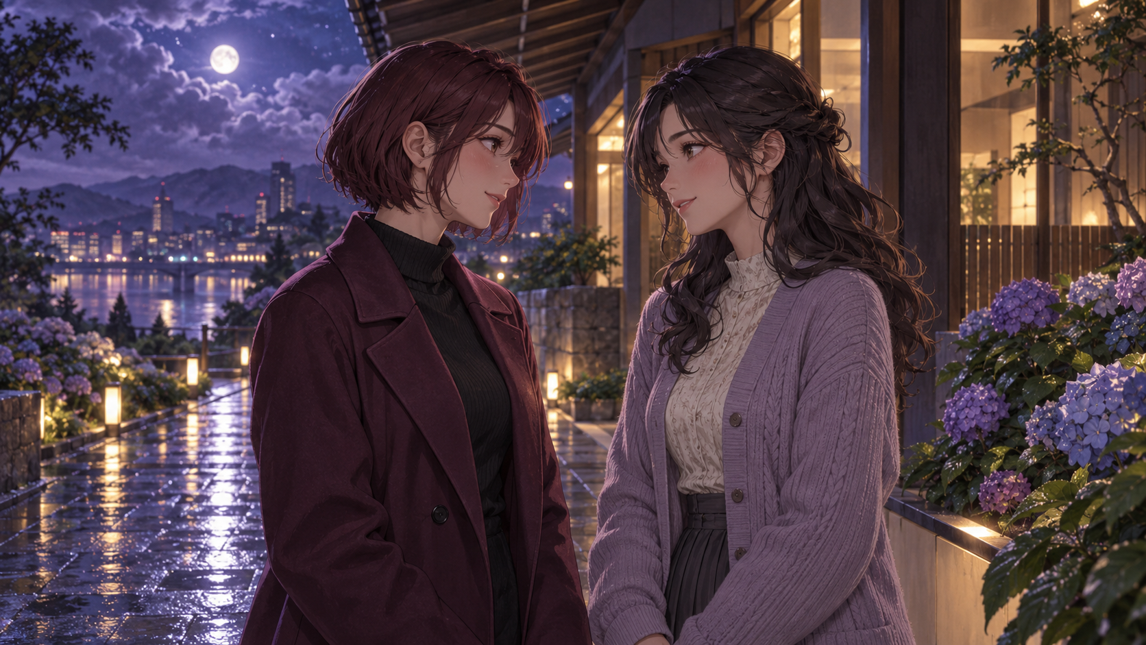 Two adult women in plum and lavender clothing talk beside a moonlit path after rain.