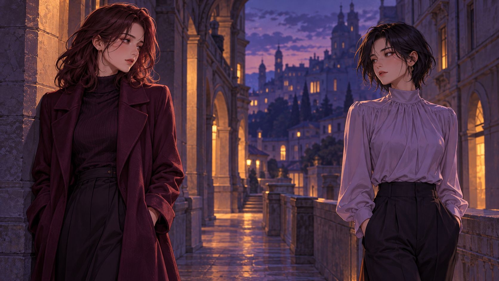 Two adult women in plum and lavender clothing exchange a thoughtful glance in a stone city passage at dusk.