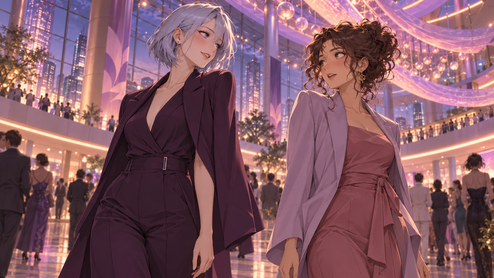 Two adult women exchange smiles in a convention atrium lit with violet and warm coral light.