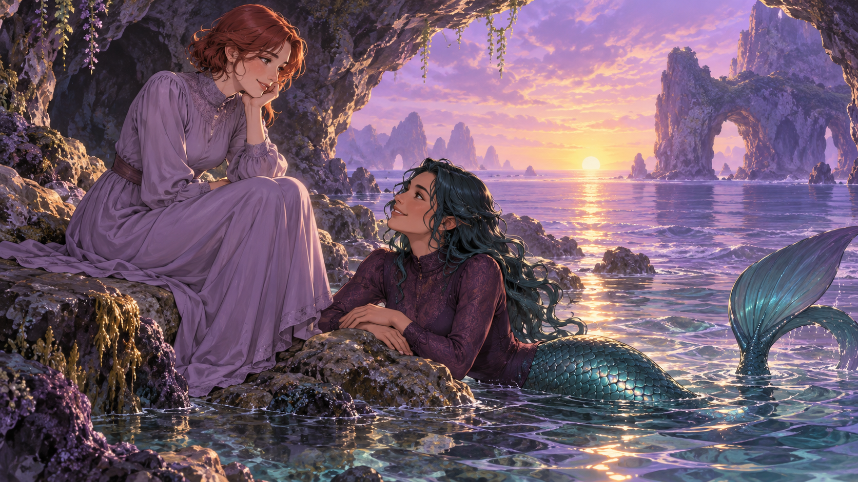 An adult woman in a lavender dress smiles at an adult mermaid in a sea cave at dawn.