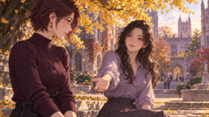 Two adult women share a quiet moment under golden ginkgo leaves in a university courtyard.