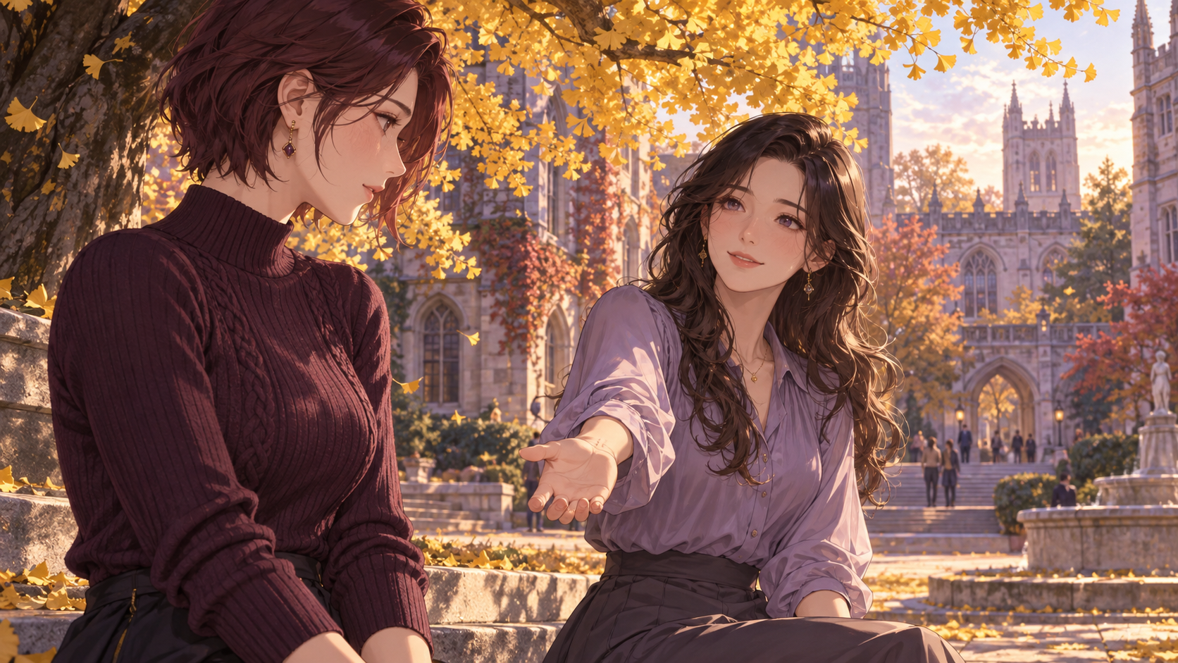 Two adult women share a quiet moment under golden ginkgo leaves in a university courtyard.