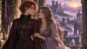 Two adult women in plum and lavender clothing stand together in castle ruins above a valley of violet mist.