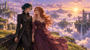 Two adult women stand together above floating islands and ruined arches at sunrise.