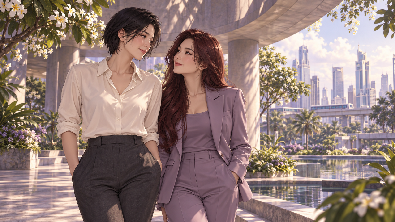 Two adult women share a smile beneath a curved pergola in a sunlit tropical city courtyard.